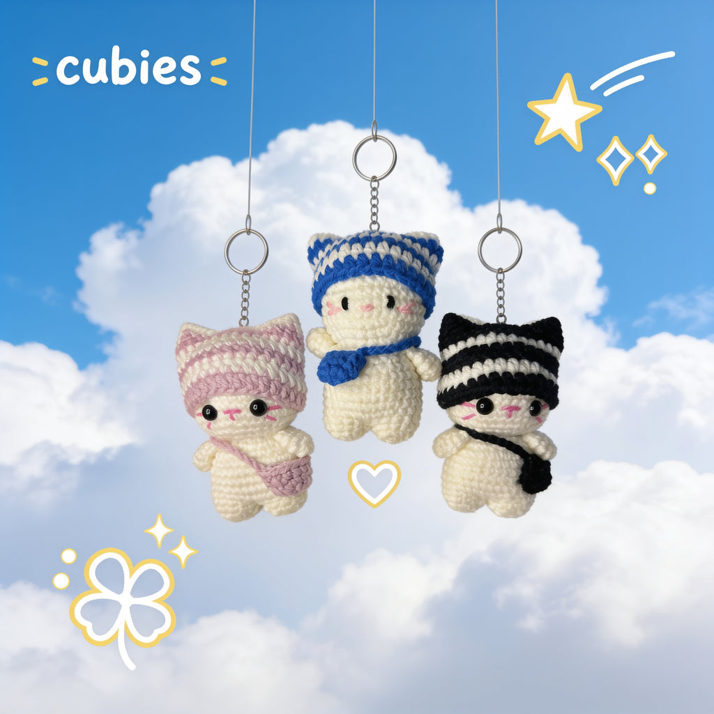 Cubies Crochet Cat Keychain Trio – Handmade Bag Charms