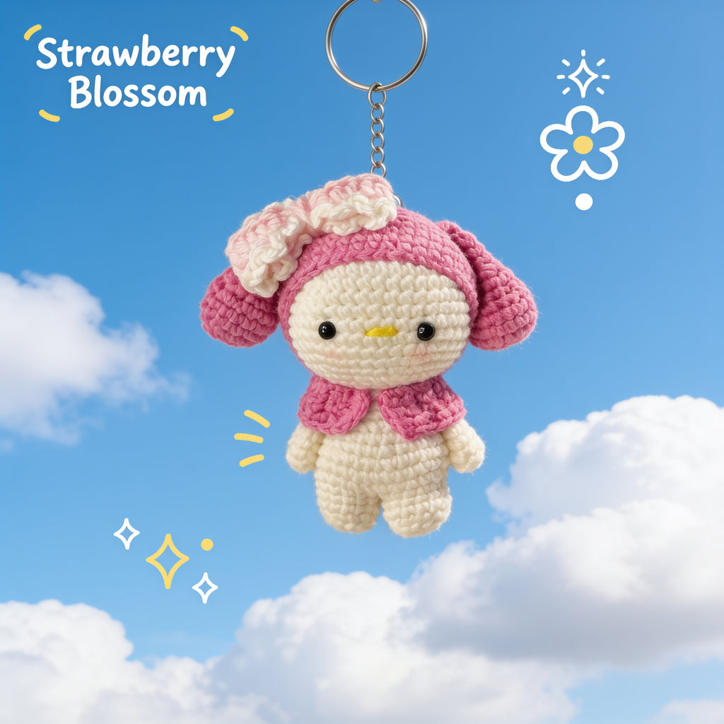 Strawberry Blossom Bunny Crochet Keychain – Handmade Charm