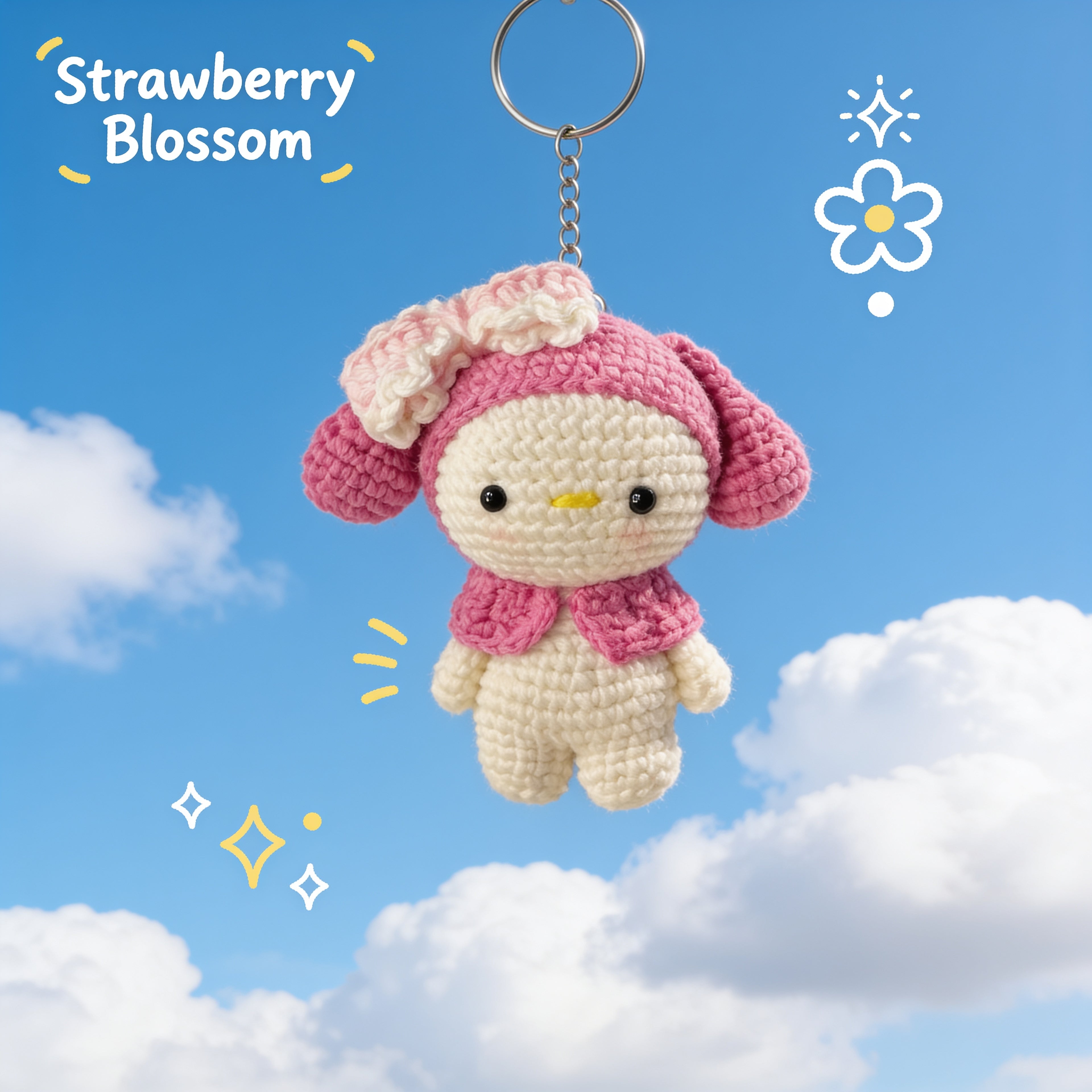 Strawberry Blossom Bunny Crochet Keychain – Handmade Charm