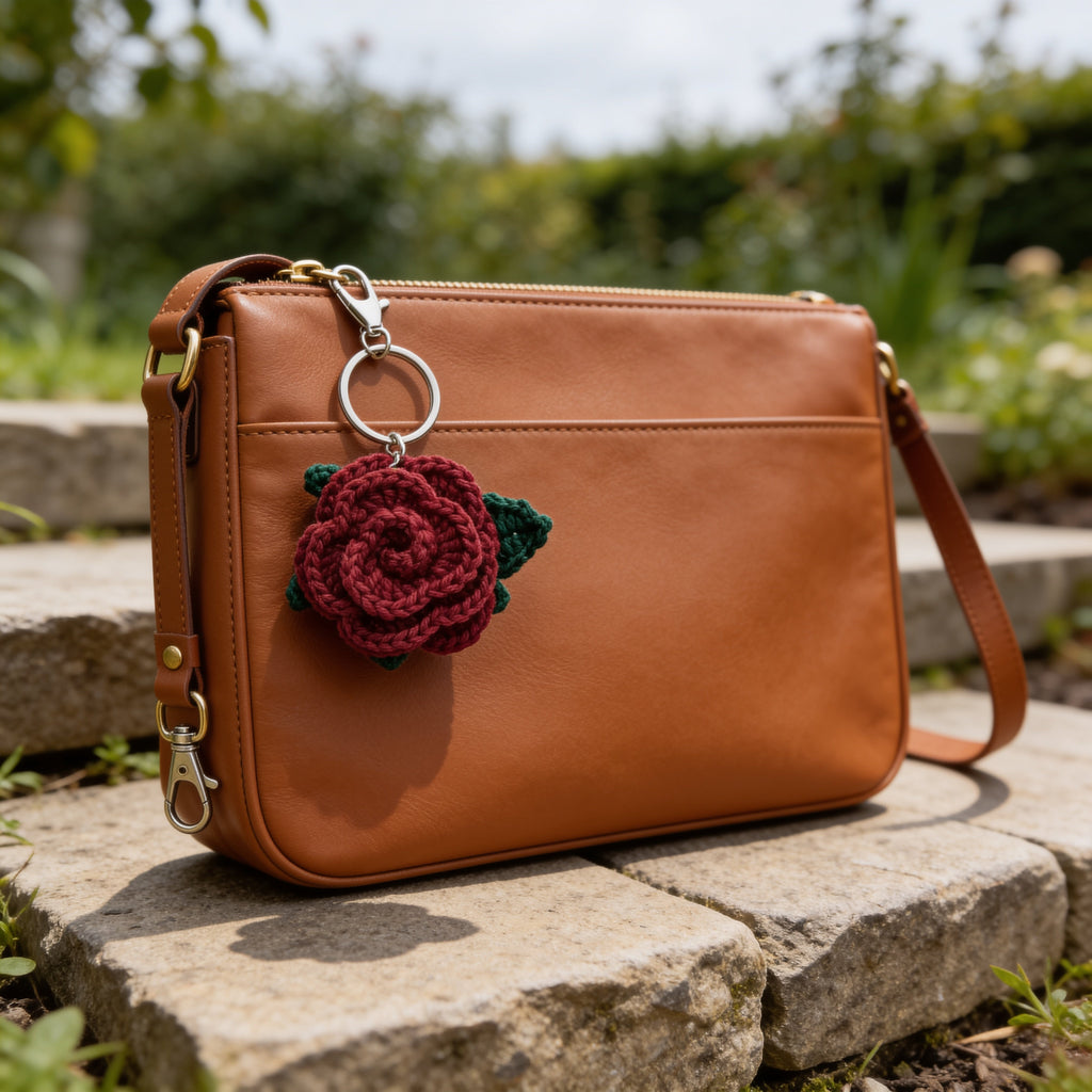 Handmade burgundy crochet rose keychain with small green leaves on a silver chain